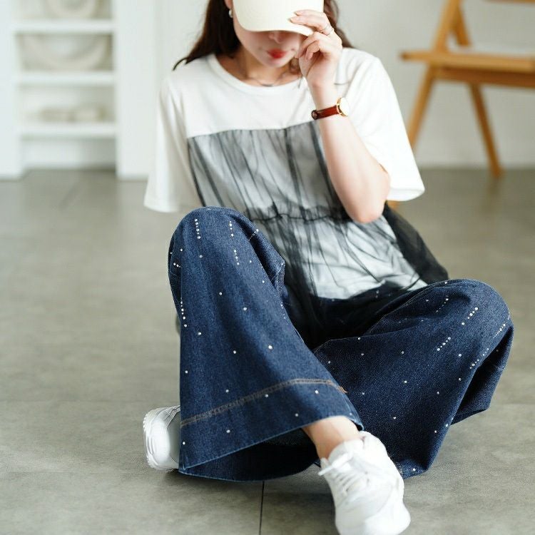 大きいサイズ レディース ラインストーンワイドデニムパンツ　jp552