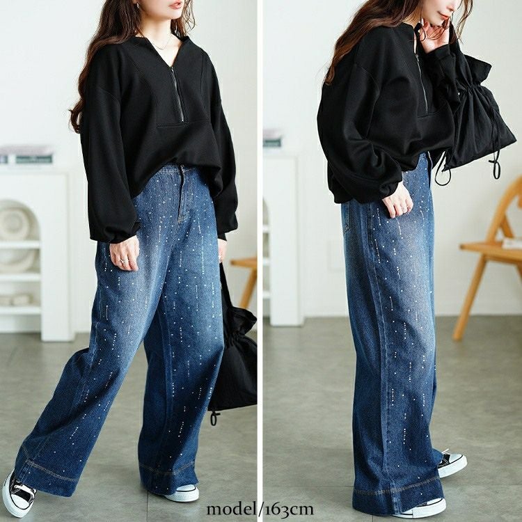 大きいサイズ レディース ラインストーンワイドデニムパンツ　jp552