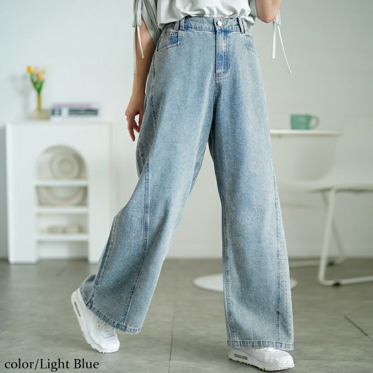 大きいサイズ レディース サイドラインストーンワイドデニムパンツ　jp551