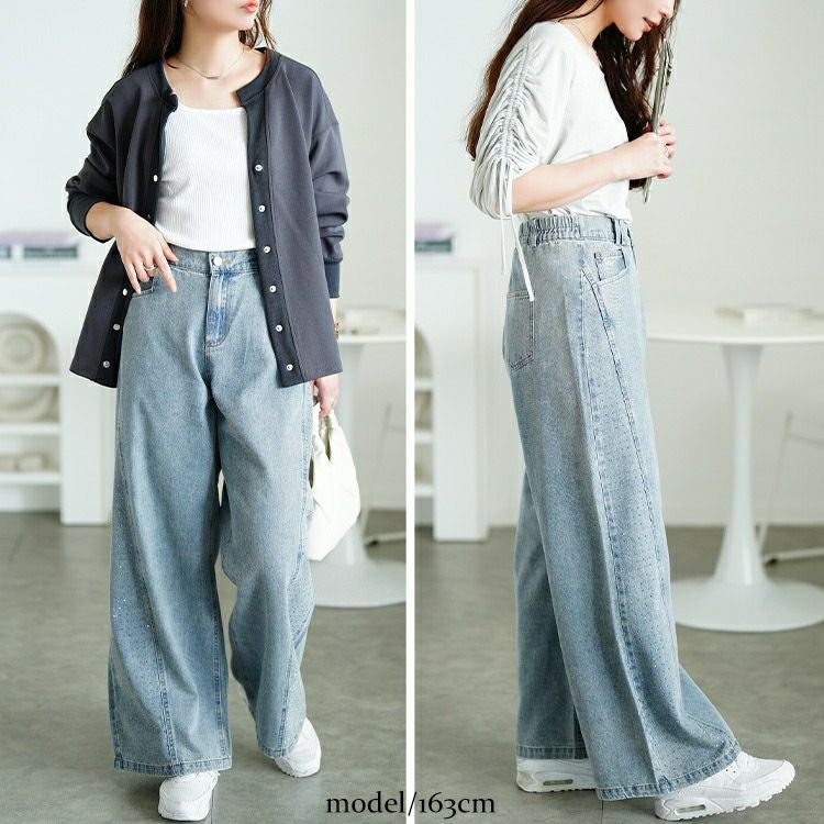 大きいサイズ レディース サイドラインストーンワイドデニムパンツ　jp551