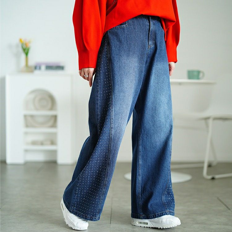 大きいサイズ レディース サイドラインストーンワイドデニムパンツ　jp551