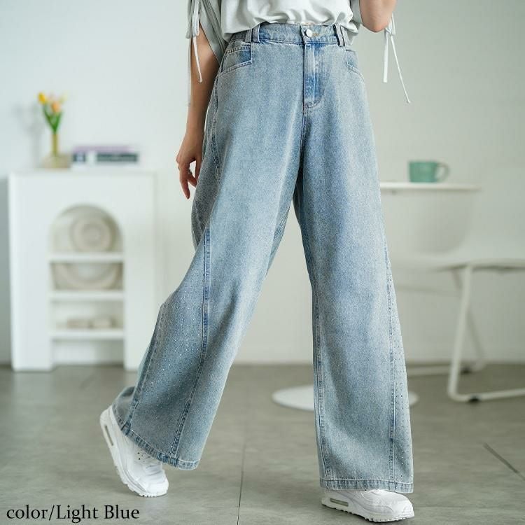 大きいサイズ レディース サイドラインストーンワイドデニムパンツ　jp551 ライトブルー