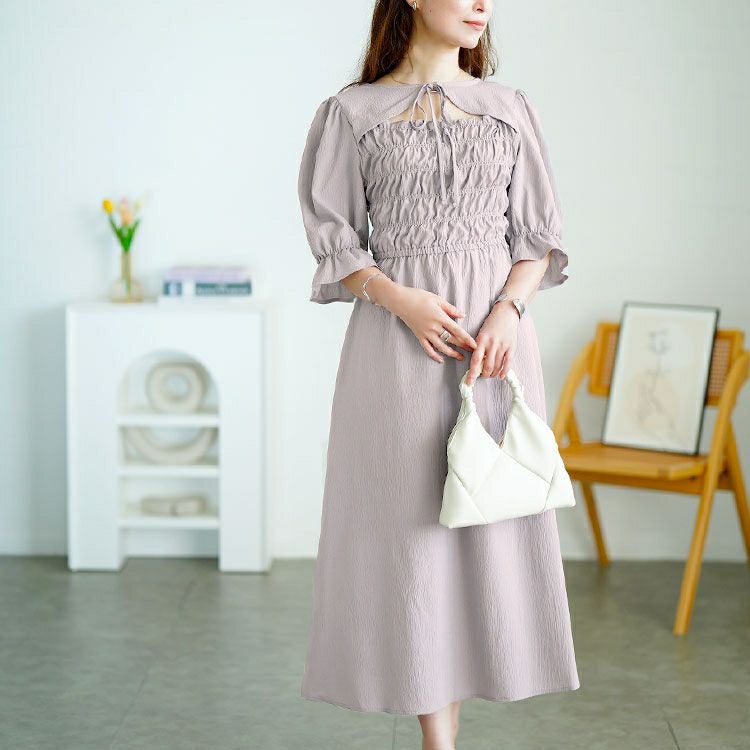 大きいサイズ レディース リボンボレロ風シャーリングワンピース　tani-15612ll