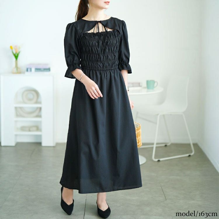 大きいサイズ レディース リボンボレロ風シャーリングワンピース　tani-15612ll