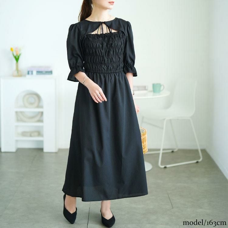 大きいサイズ レディース リボンボレロ風シャーリングワンピース　tani-15612ll ブラック