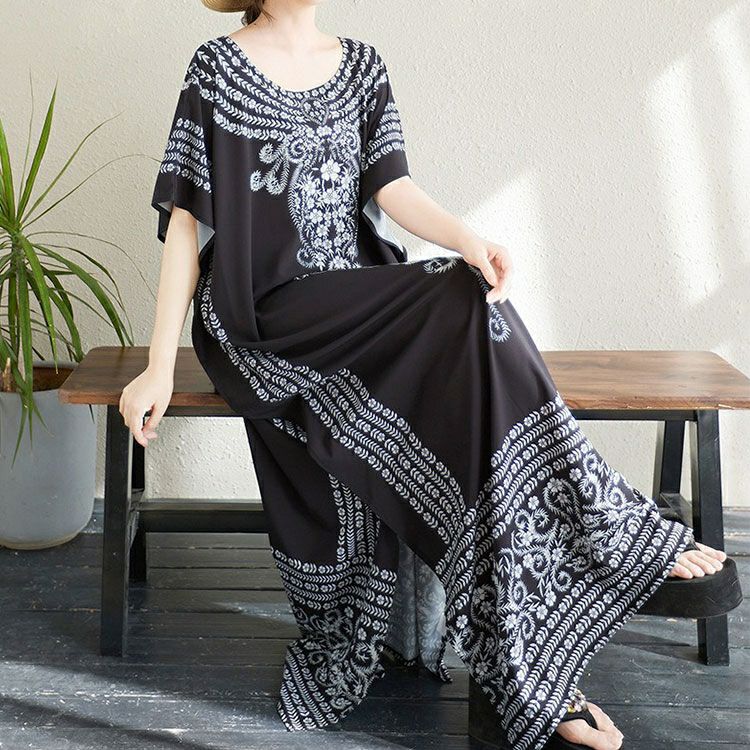 豚*ン様 未使用✨ BINDU ビンドゥー カフタンドレス ワンピース CUBA 大きいサイズ レディース アート柄ドルマンスリーブカフタンワンピース