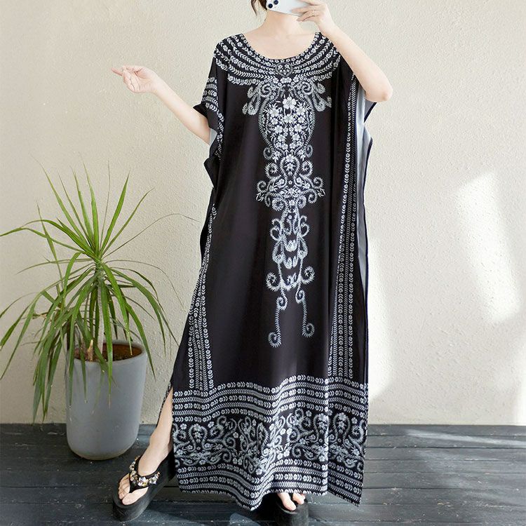 大きいサイズ レディース アート柄ドルマンスリーブカフタンワンピース　goldy-1718【メール便可】