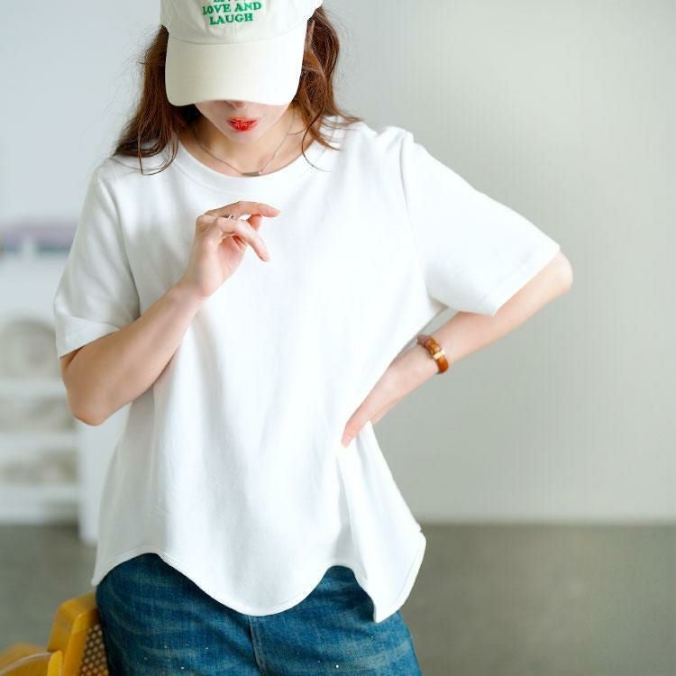 大きいサイズ レディース ウェーブ裾アシメTシャツ　goldy-1703【メール便可】 ホワイト