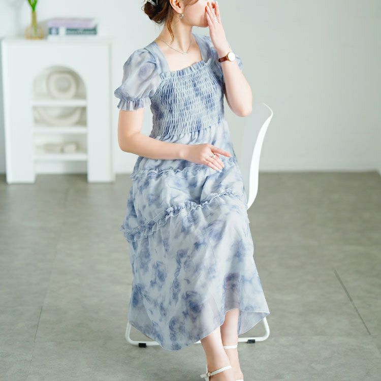 大きいサイズ レディース 水彩花柄シャーリングワンピース　goldy-1696【メール便可】