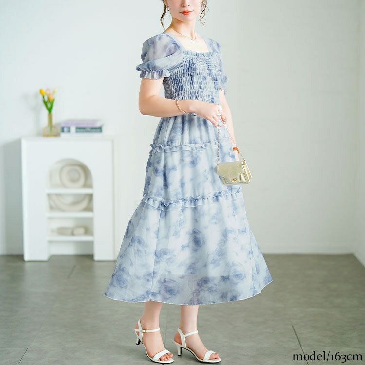 大きいサイズ レディース 水彩花柄シャーリングワンピース goldy-1696