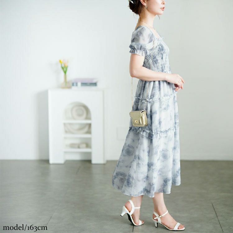 大きいサイズ レディース 水彩花柄シャーリングワンピース　goldy-1696【メール便可】