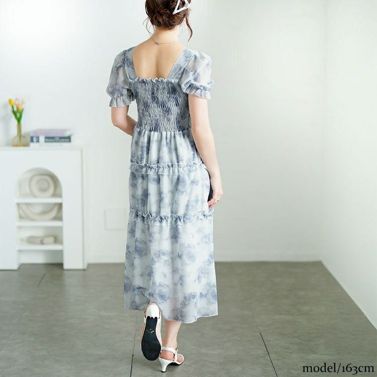 大きいサイズ レディース 水彩花柄シャーリングワンピース　goldy-1696【メール便可】