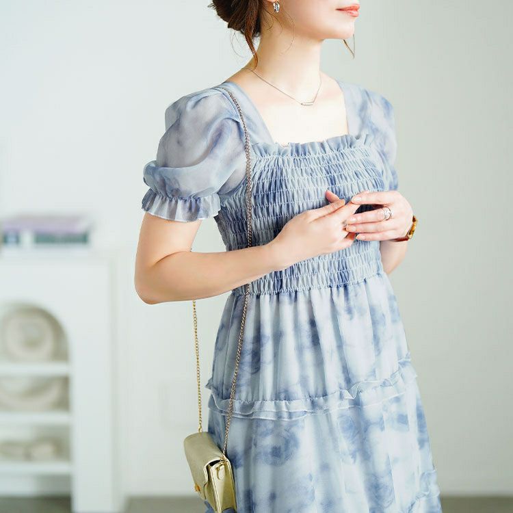 大きいサイズ レディース 水彩花柄シャーリングワンピース　goldy-1696【メール便可】