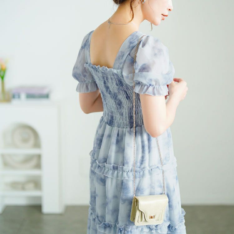 大きいサイズ レディース 水彩花柄シャーリングワンピース　goldy-1696【メール便可】