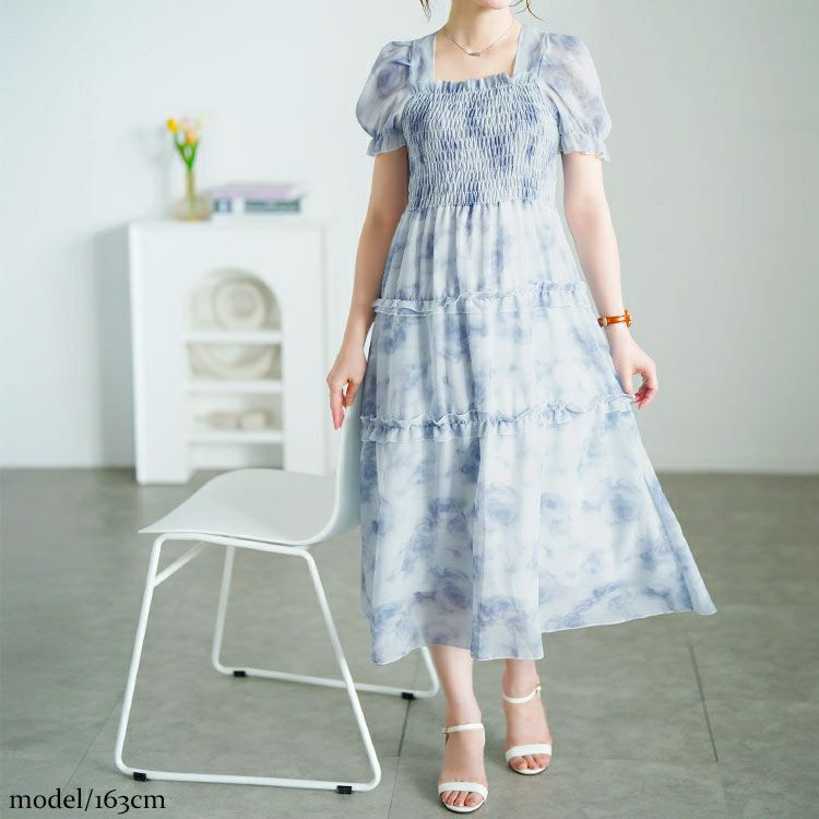 大きいサイズ レディース 水彩花柄シャーリングワンピース　goldy-1696【メール便可】