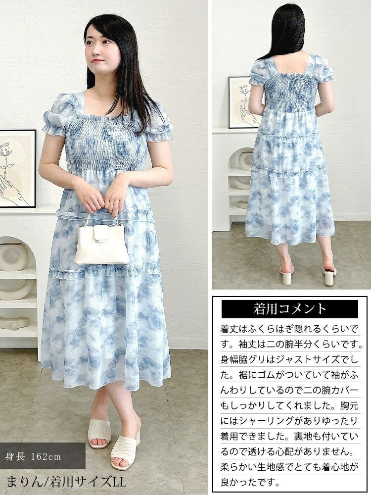 大きいサイズ レディース 水彩花柄シャーリングワンピース　goldy-1696【メール便可】