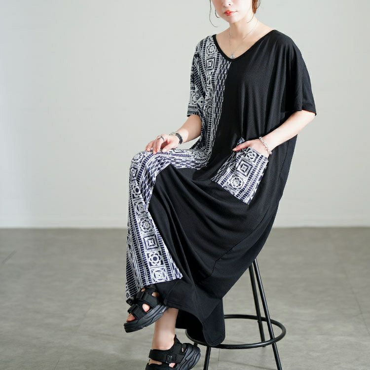 大きいサイズ レディース 幾何学柄アシメ切り替えワンピース　jp542 【メール便可】