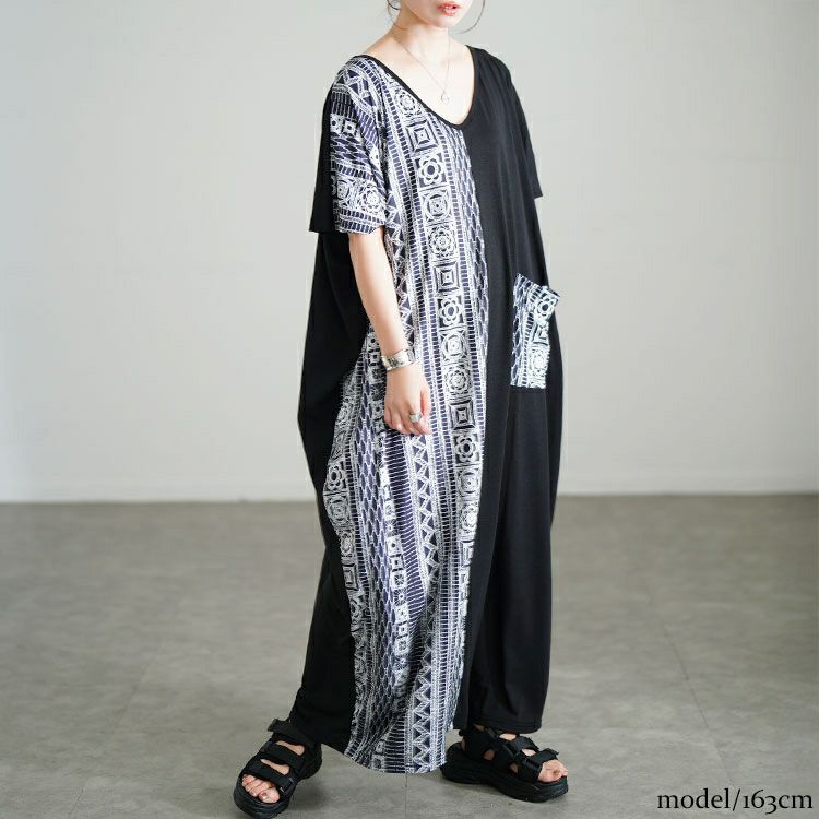 大きいサイズ レディース 幾何学柄アシメ切り替えワンピース　jp542 【メール便可】