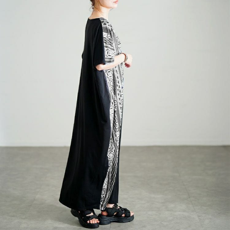 大きいサイズ レディース 幾何学柄アシメ切り替えワンピース　jp542 【メール便可】