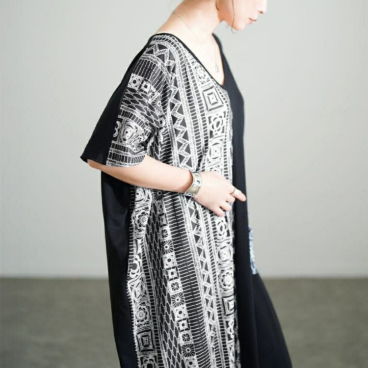 大きいサイズ レディース 幾何学柄アシメ切り替えワンピース　jp542 【メール便可】