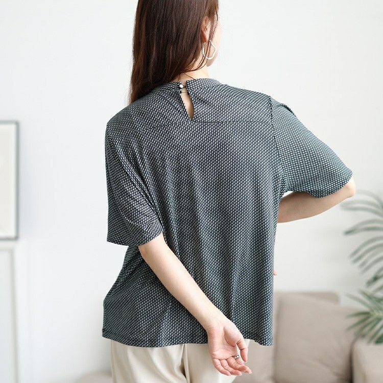 大きいサイズ レディース 接触冷感ダイヤ柄ボウタイストレッチブラウス