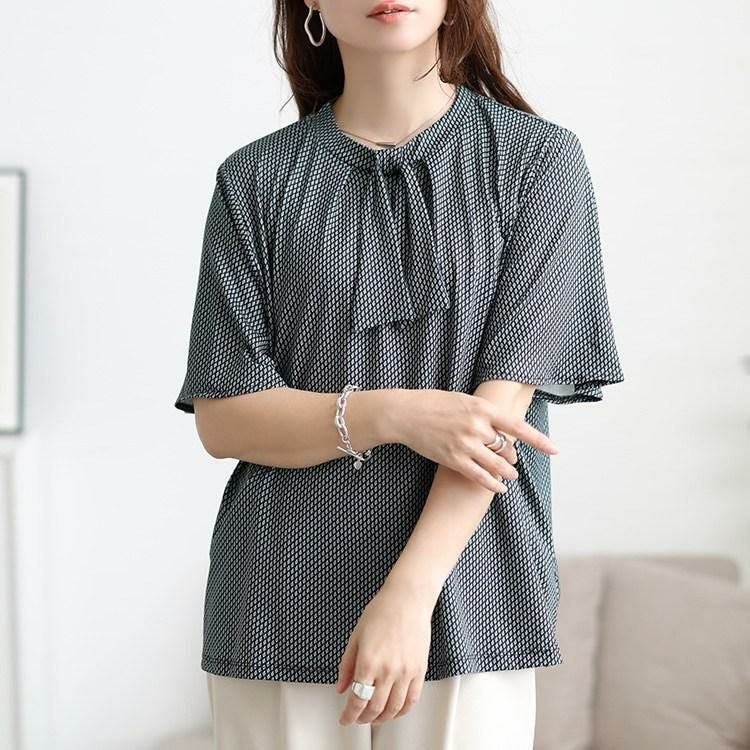 大きいサイズ レディース 接触冷感ダイヤ柄ボウタイストレッチブラウス　mncut-152471 【メール便可】 ブラック