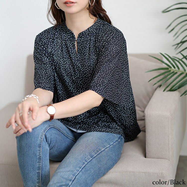 大きいサイズ レディース 接触冷感ドット柄ストレッチブラウス　mncut-152469 【メール便可】