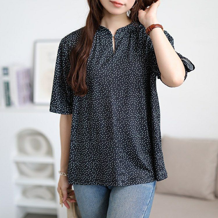 大きいサイズ レディース 接触冷感ドット柄ストレッチブラウス　mncut-152469 【メール便可】