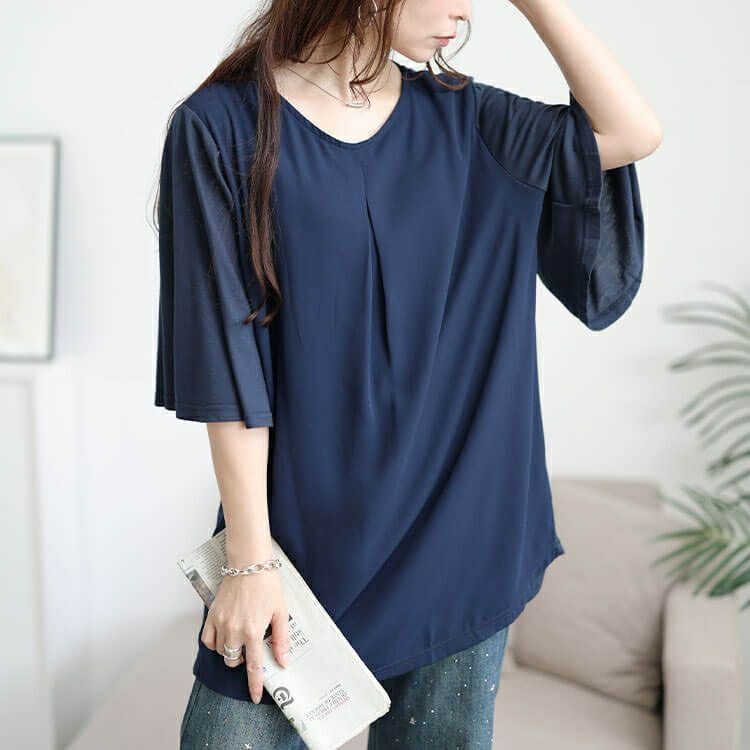 大きいサイズ レディース フロントタック異素材チュニック　cast-5556009 【メール便可】