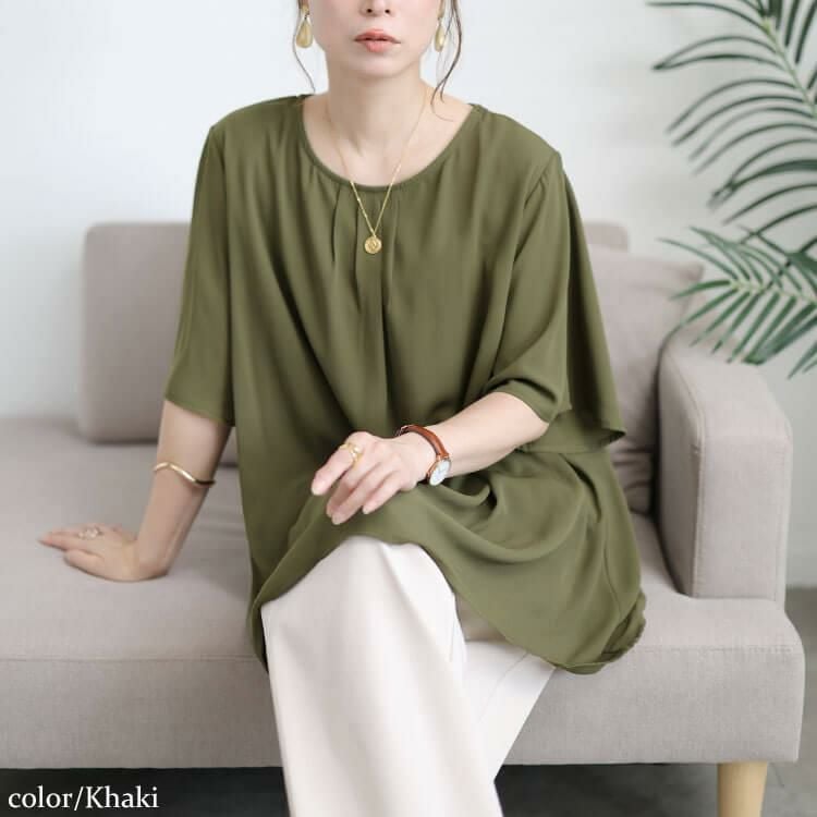大きいサイズ レディース フロントタックシフォンチュニック　cast-5556005 【メール便可】 カーキ