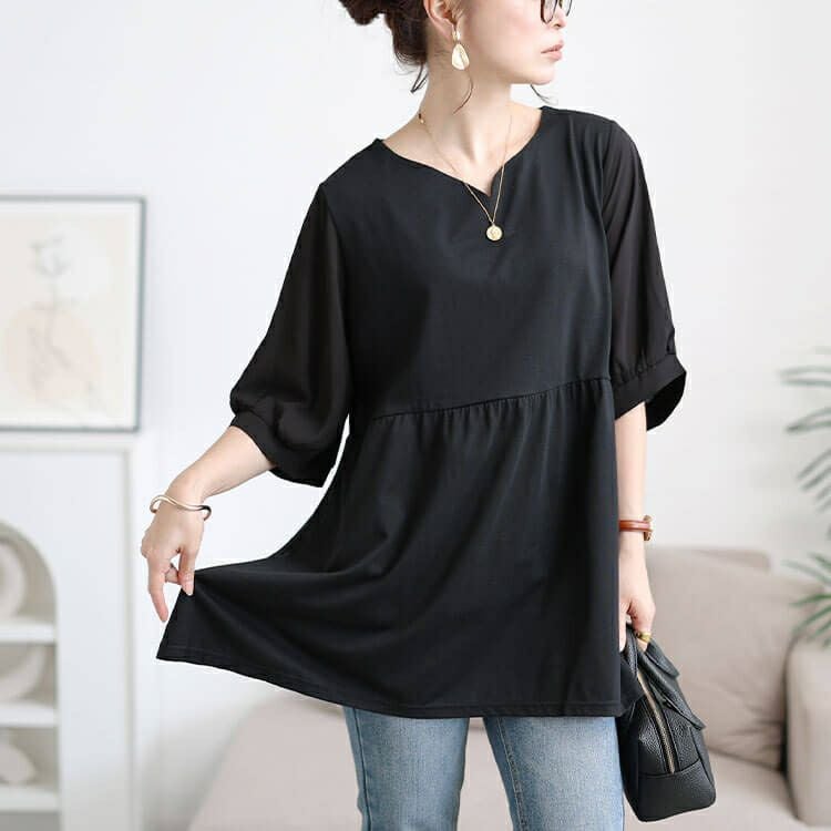 大きいサイズ レディース 袖シフォン切り替えペプラムチュニック　cast-5556004 【メール便可】