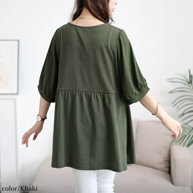 大きいサイズ レディース 袖シフォン切り替えペプラムチュニック　cast-5556004 【メール便可】