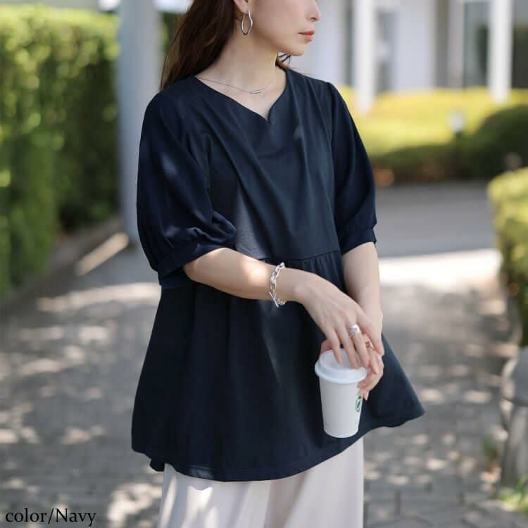大きいサイズ レディース 袖シフォン切り替えペプラムチュニック　cast-5556004 【メール便可】 ネイビー