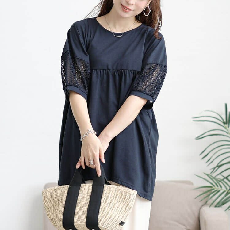 大きいサイズ レディース 袖レース切り替えペプラムチュニック　cast-5556000 【メール便可】