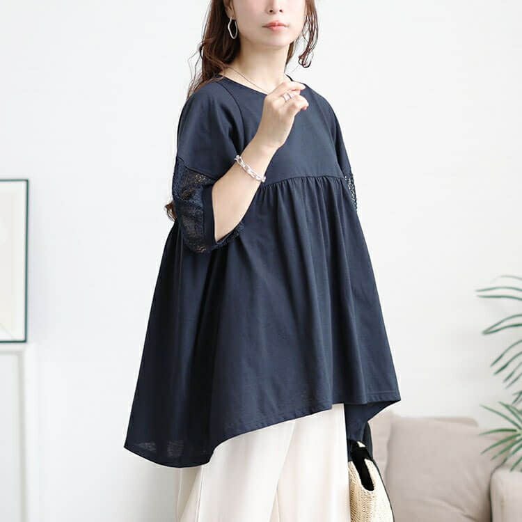 大きいサイズ レディース 袖レース切り替えペプラムチュニック　cast-5556000 【メール便可】