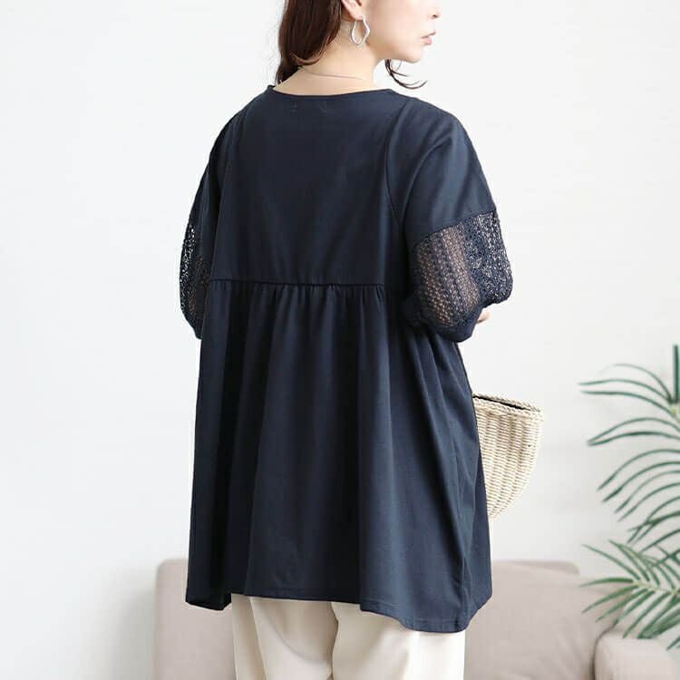 大きいサイズ レディース 袖レース切り替えペプラムチュニック　cast-5556000 【メール便可】