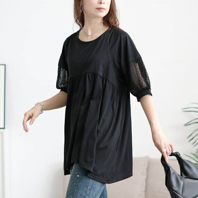 大きいサイズ レディース 袖レース切り替えペプラムチュニック　cast-5556000 【メール便可】