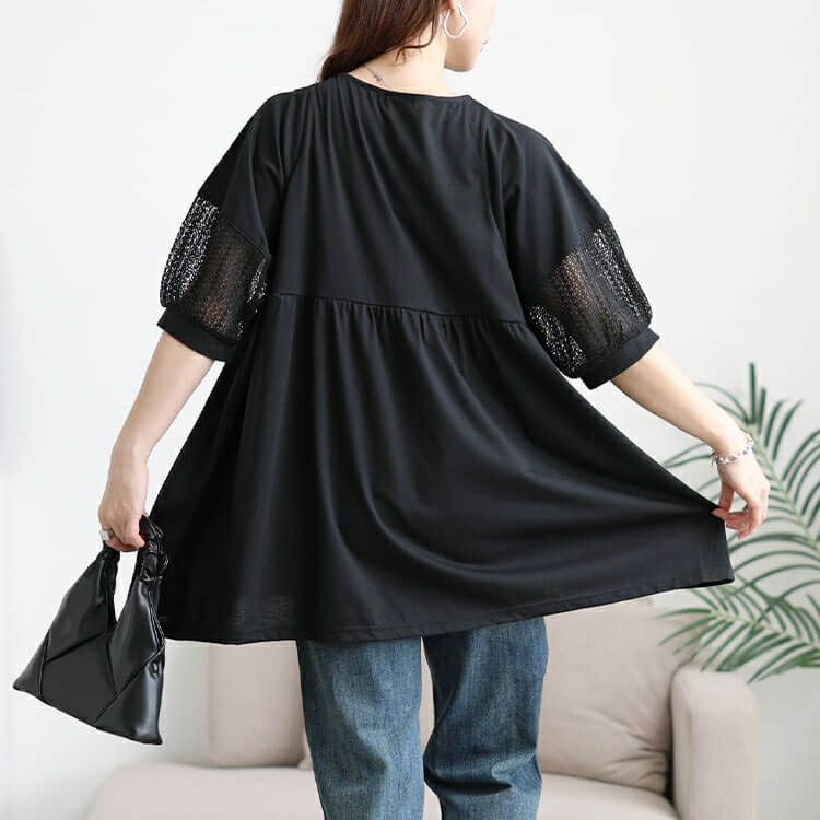 大きいサイズ レディース 袖レース切り替えペプラムチュニック　cast-5556000 【メール便可】