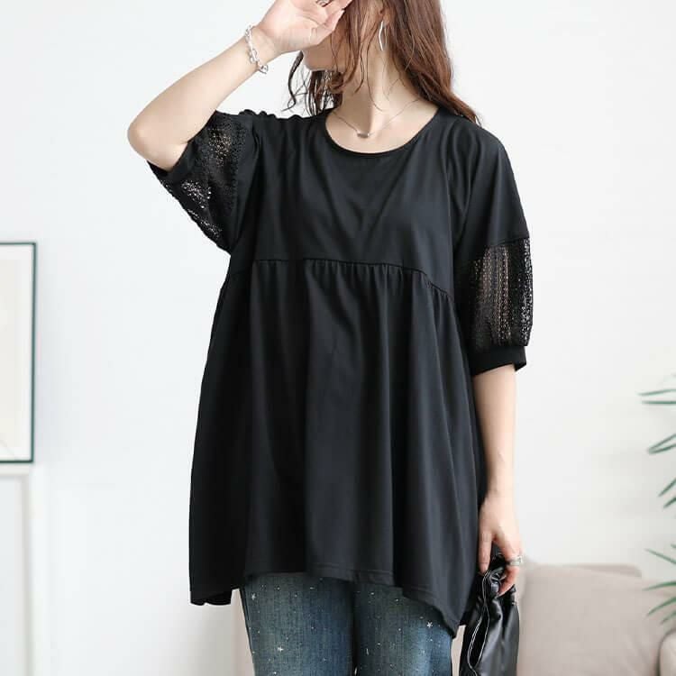 大きいサイズ レディース 袖レース切り替えペプラムチュニック　cast-5556000 【メール便可】 ブラック