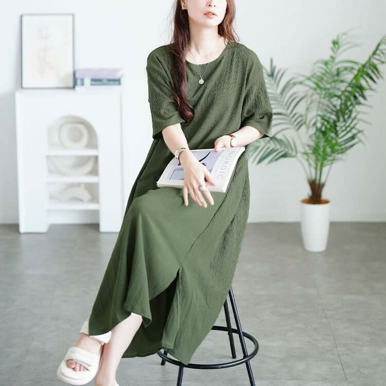 大きいサイズ レディース 楊柳スリットワンピース　cast-5556008 カーキ