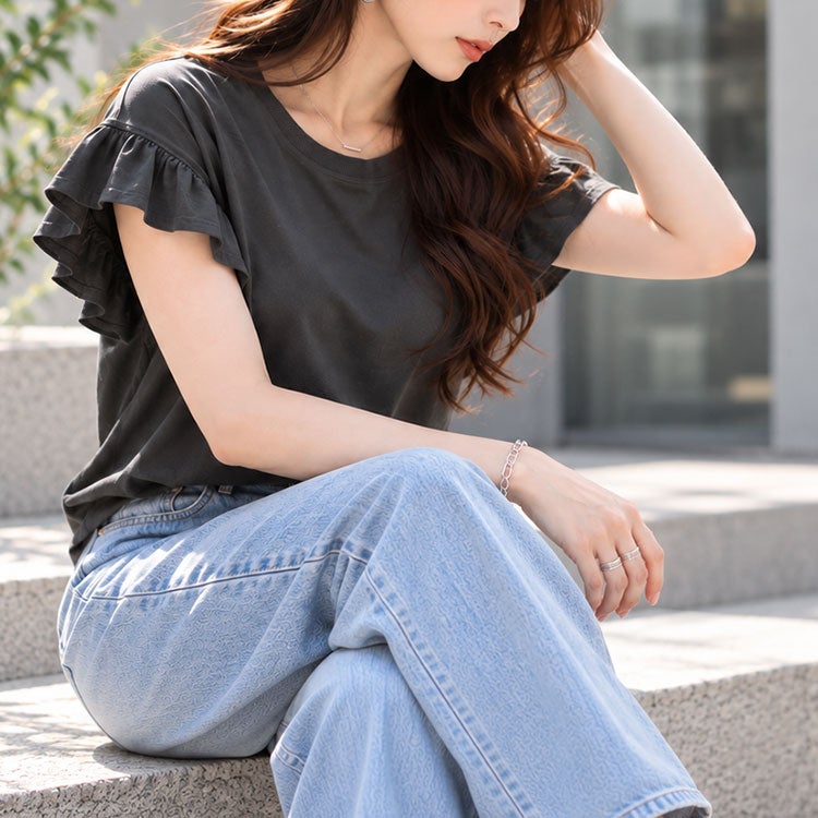 大きいサイズ レディース フリルフレンチスリーブコットンTシャツ　wk-0553 【メール便可】