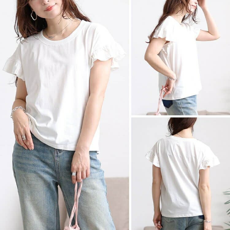 大きいサイズ レディース フリルフレンチスリーブコットンTシャツ　wk-0553 【メール便可】
