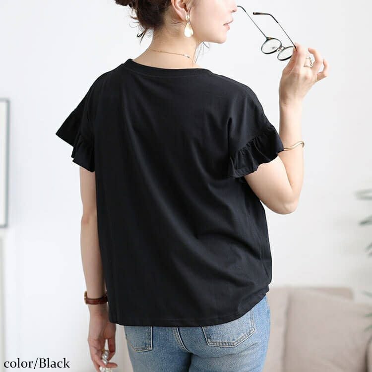 大きいサイズ レディース フリルフレンチスリーブコットンTシャツ　wk-0553 【メール便可】