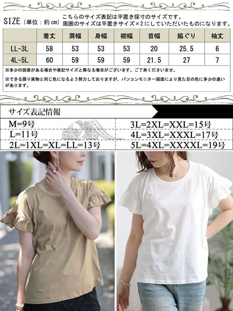 大きいサイズ レディース フリルフレンチスリーブコットンTシャツ　wk-0553 【メール便可】