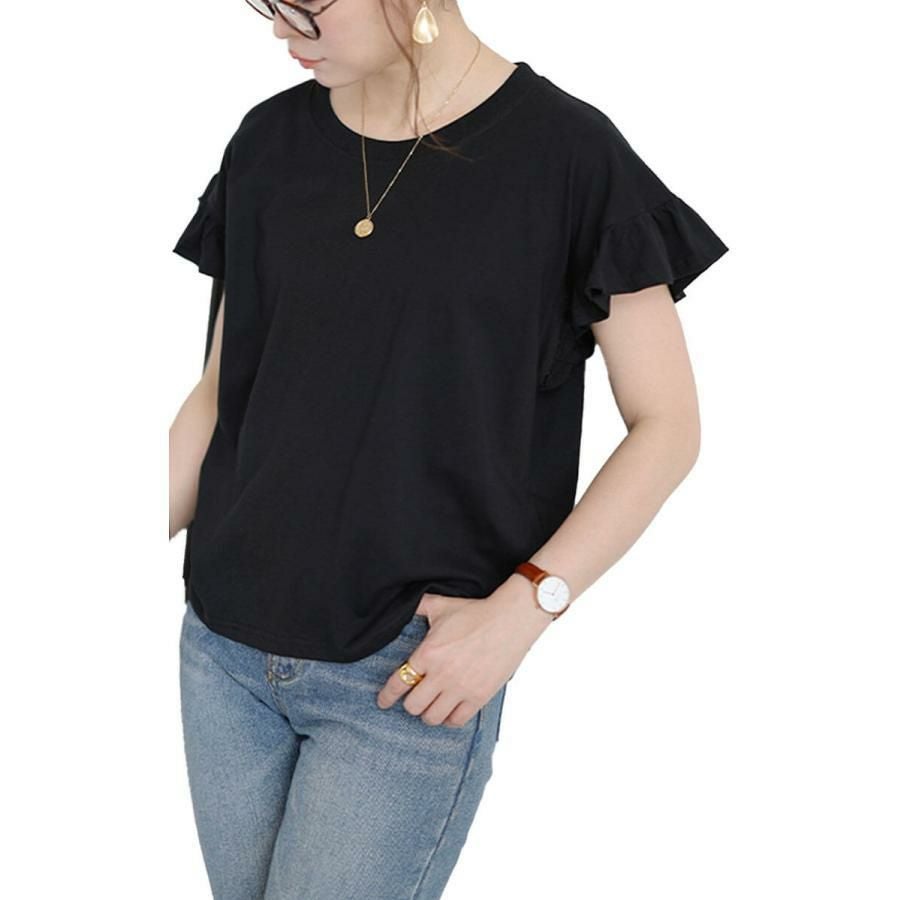 大きいサイズ レディース フリルフレンチスリーブコットンTシャツ　wk-0553 【メール便可】 ブラック