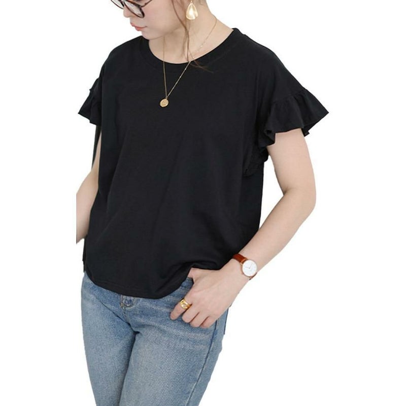 大きいサイズ レディース フリルフレンチスリーブコットンTシャツ　wk-0553 【メール便可】 ブラック