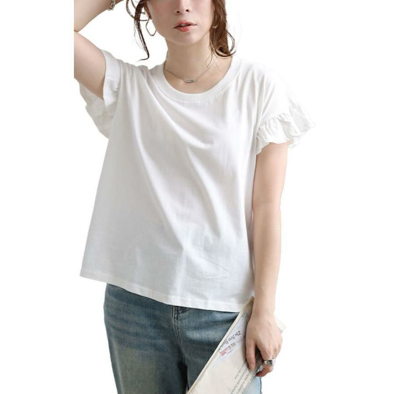 大きいサイズ レディース フリルフレンチスリーブコットンTシャツ　wk-0553 【メール便可】 オフホワイト