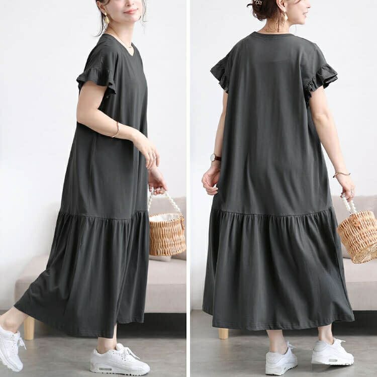 大きいサイズ レディース フリルフレンチスリーブコットンワンピース　wk-0554 【メール便可】