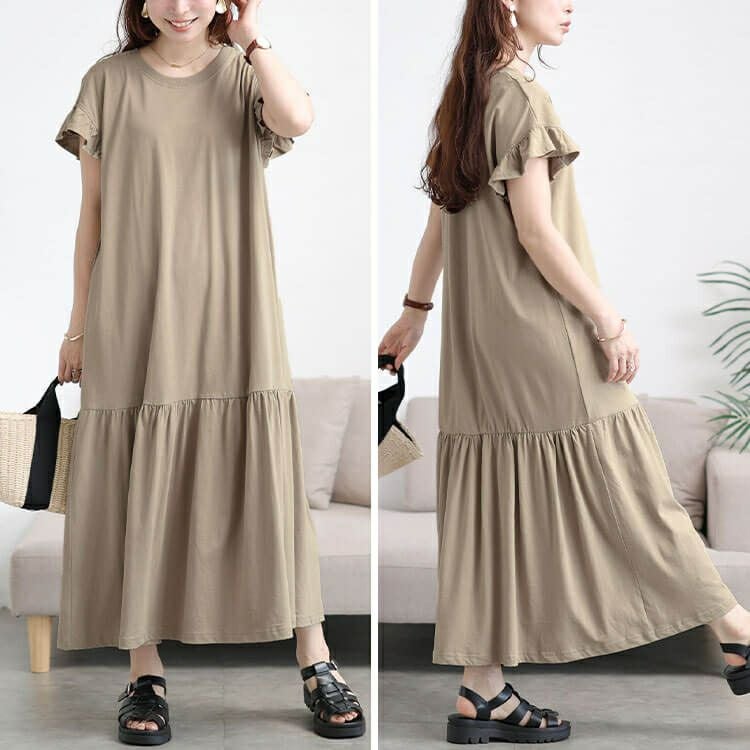 大きいサイズ レディース フリルフレンチスリーブコットンワンピース　wk-0554 【メール便可】