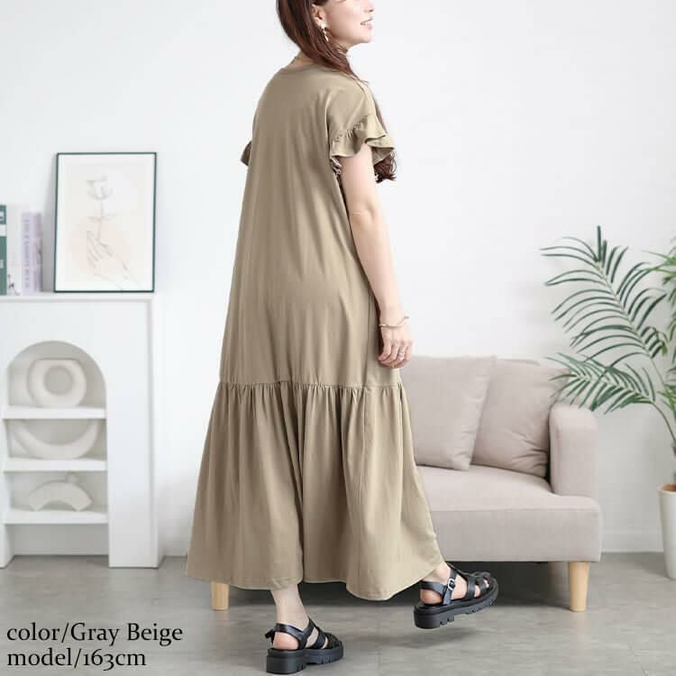 大きいサイズ レディース フリルフレンチスリーブコットンワンピース　wk-0554 【メール便可】 グレーベージュ